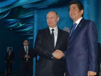 Russian President Vladimir Putin (C) shakes hands with Japanese Prime Minister Shinzo Abe as they visit an oceanarium on Russky Island near Vladivostok, on September 3, 2016