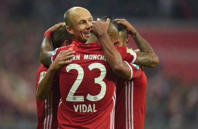Bayern Munich celebrate after Robben scores during the German first division Bundesliga fo