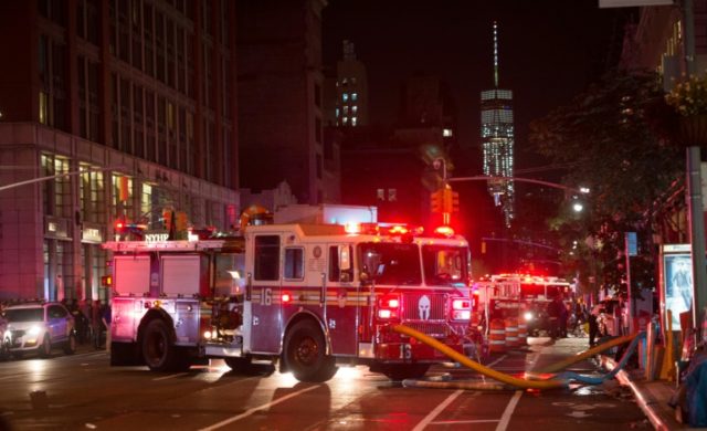 A fire truck is seen near the site of an explosion on New York's West 23rd Street, on Sept