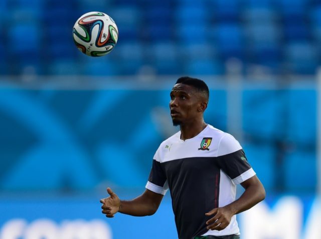 Cameroon's forward Samuel Eto'o plays the ball during a training session at the Das Dunas