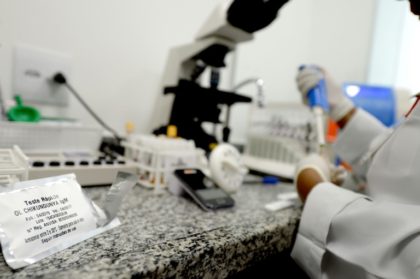 A lab technician analyses blood samples at the "Sangue Bom" (Good Blood) clinic in Rio, testing for Zika and other viruses