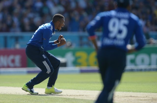 England's Chris Jordan celebrates a wicket during the fourth one-day international against