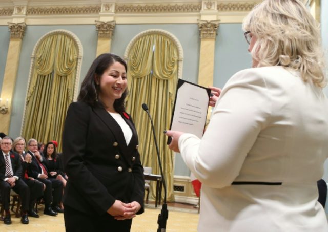 Canada's Democratic Institutions Minister Maryam Monsef is sworn-in on November 4, 2015