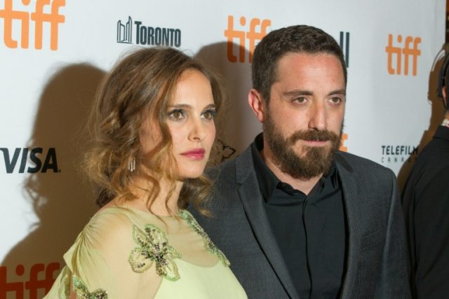 Natalie Portman and director Pablo Larrain pose for photos at the premiere of the film Jac