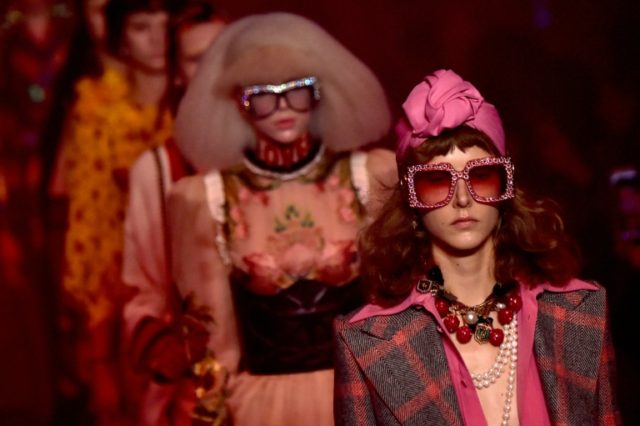 A model presents a creation for fashion house Gucci as part of the 2017 Women's Spring / S