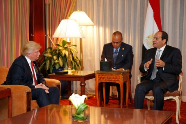 Republican presidential candidate Donald Trump (L) looks meets with Egyptian President Abdel Fattah el-Sisi at the Plaza Hotel on September 19, 2016 in New York