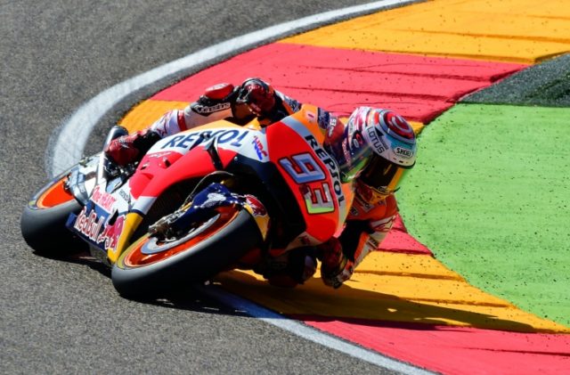 Repsol Honda's Spanish rider Marc Marquez pictured during the fourth practice session ahea