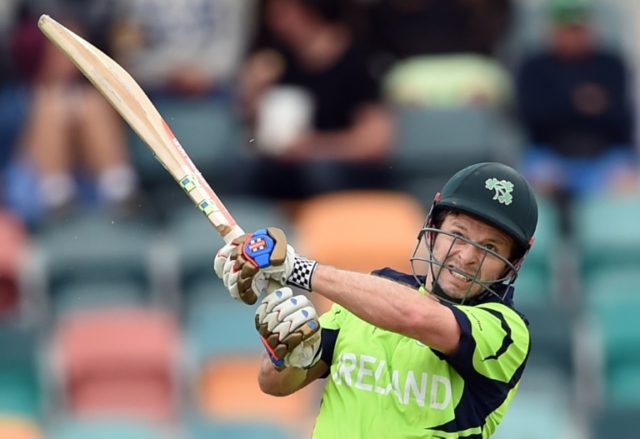 Ireland batsman Ed Joyce plays a shot at the Bellerive Oval ground during the 2015 Cricket