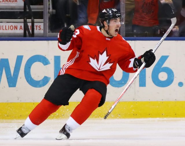 Brad Marchand of Team Canada celebrates scoring a third period goal against Team Russia in