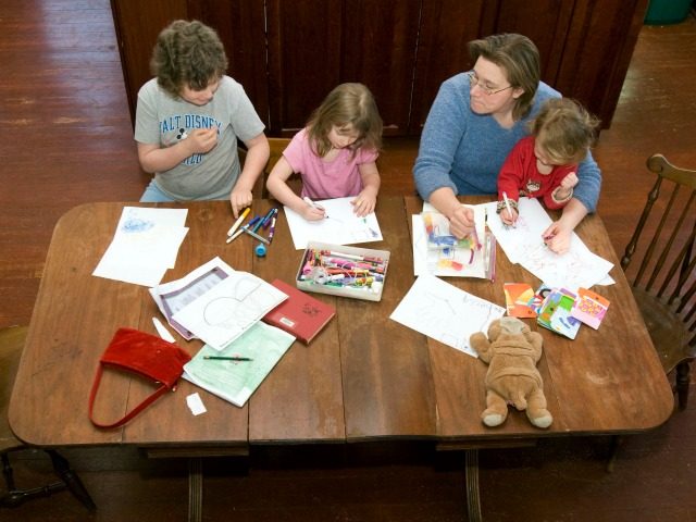 Andrea Farrier sits at her kitchen table with her children Rachel, 8, left, Rebecca, 4, center, and Sarah, 2, as they do schoolwork in their home, Friday, Feb. 20, 2009, in Kalona, Iowa.