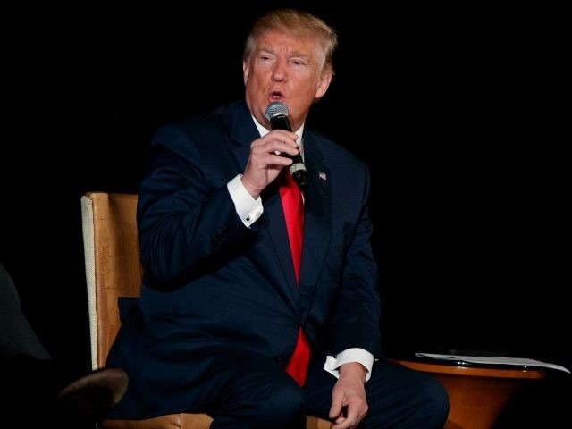 Republican presidential candidate Donald Trump speaks during a town hall with the Retired