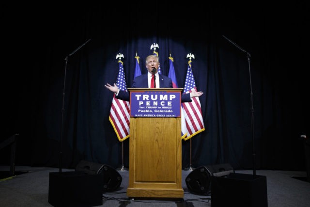 Republican presidential candidate Donald Trump speaks during a campaign rally, Monday, Oct