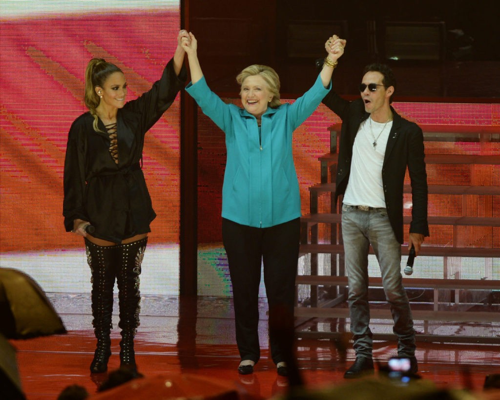 Jennifer Lopez, Hillary Clinton and Marc Anthony on stage at the Jennifer Lopez Gets Loud for Hillary Clinton at GOTV Concert at The Bayfront Park Amphitheatre on October 29, 2016 in Miami, Florida. mpi04/MediaPunch/IPX