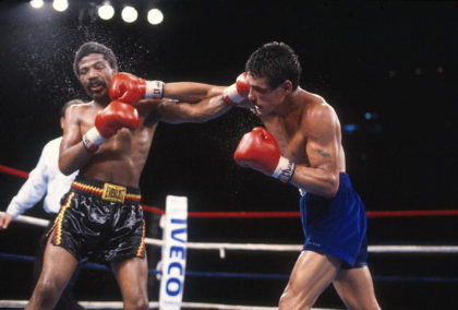 Boxing: WBA World Light Welterweight Title: Alexis Arguello (R) in action, throwing punch