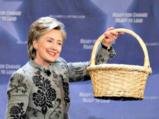 Democratic presidential hopeful, Sen. Hillary Rodham Clinton, D-N.Y., holds up a basket of questions during a talk with billionaire investor Warren Buffett, at a campaign stop in San Francisco, Tuesday, Dec. 11, 2007. (AP Photo/Paul Sakuma)