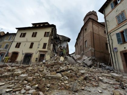 A photo taken on October 28, 2016 shows the collapsed bell tower of the Santa Maria in Via