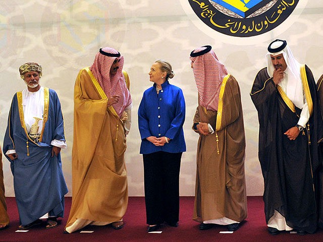 From left to right: United Arab Emirates' Foreign Minister Abdallah bin Zayed al-Nahyan, Omani Minister of Foreign Affairs Yussef bin Alawi bin Abdullah, Kuwaiti Foreign Minister Sheikh Sabah Khaled al-Hamad Al-Sabah, US Secretary of State Hillary Rodham Clinton, Saudi Foreign Minister Prince Saud Al-Faisal, Qatar's Prime Minister and Foreign Minister …