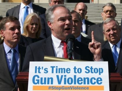 Sen. Sen. Tim Kaine (D-VA) speaking about gun control during a news conference on the Senate steps at the US Capitol, October 8, 2015 in Washington, DC.