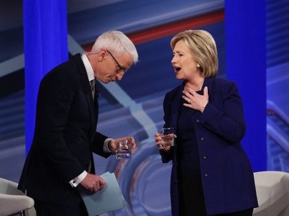 DERRY, NH - FEBRUARY 03: Democratic Presidential candidates Hillary Clinton stands with CNN anchor Anderson Cooper during a CNN and the New Hampshire Democratic Party hosted Democratic Presidential Town Hall at the Derry Opera House on February 3, 2016 in Derry, New Hampshire. Democratic and Republican Presidential are stumping for …