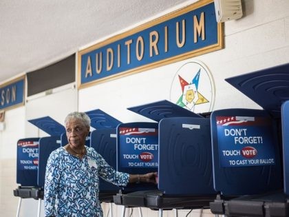 COLUMBIA, SC - FEBRUARY 27: Poll worker Mary Ellison prepares a voting machine at the Prince Hall Masonic Lodge during the South Carolina Democratic Presidential Primary February 27, 2016 in Columbia, South Carolina. Voters in 12 states and one U.S. territory will participate in Super Tuesday on March 1. (Photo …