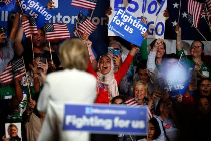 Democratic presidential candidate Hillary Clinton waves to supporters during a campaign ra