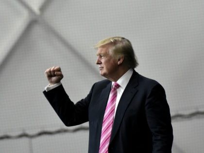 Republican presidential nominee Donald Trump gestures following a rally at Spooky Nook Sports center in Manheim, Pennsylvania on October 1, 2016.