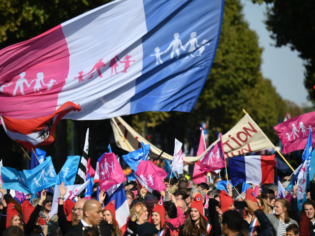 Participants wave flags and banners during a demonstration called for by the movement 'La Manif pour tous' against what are seen as 'new offensives against the family and education' in Paris on October 16, 2016. / AFP / Eric FEFERBERG