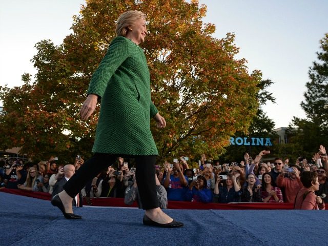 Democratic presidential nominee Hillary Clinton arrives on stage for a rally at the Univer