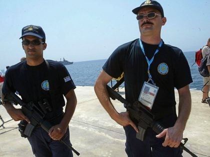 ATHENS, GREECE - AUGUST 9: Greek special police secure the 2004 Olympic Games zone in the