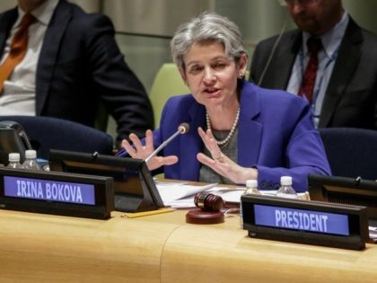 Irina Bokova, Director-General of UNESCO, speaks during the first-ever hearings of candida