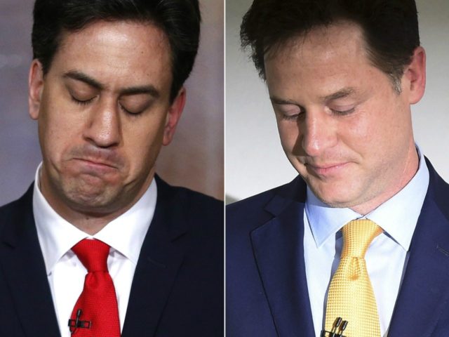 Labour Party leader Ed Miliband (L) and Liberal Democrat Party leader Nick Clegg