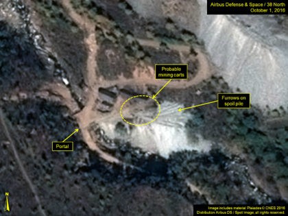 A satellite image of the area around North Korea's Punggye-Ri nuclear test site shows graphics pointing to what monitoring group 38 North says are signs of increased activity, in a photo released by the 38 North group October 7, 2016. Airbus Defense & Space and 38 North/Handout via Reuters