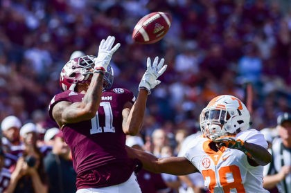October 8, 2016: Texas A&M Aggies wide receiver Josh Reynolds (11) hauls in a long ball over Tennessee Volunteers defensive back Baylen Buchanan (28) during the Tennessee Volunteers vs Texas A&M Aggies game at Kyle Field, College Station, Texas. (Photo by Ken Murray/Icon Sportswire via Getty Images)