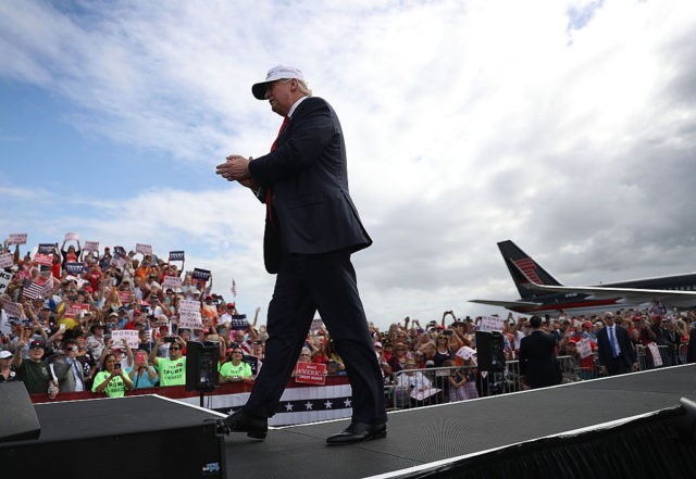 LAKELAND, FL - OCTOBER 12: Republican presidential candidate Donald Trump takes to the st