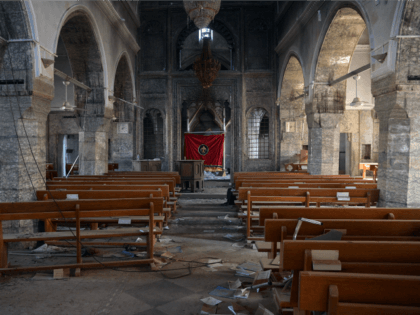 A church that was partially destoyed by Islamic State is pictured during the offensive to