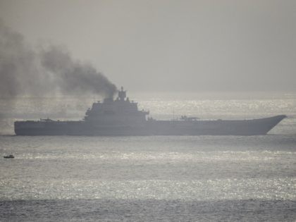 The Russian aircraft carrier Admiral Kuznetsov passes through the English channel on October 21, 2016 near Dover, England. The Russian Navy's flotilla of warships is presumed to be heading to the eastern Mediterranean to support the Russian military's current deployment in Syria. (Photo by Leon Neal/Getty Images)