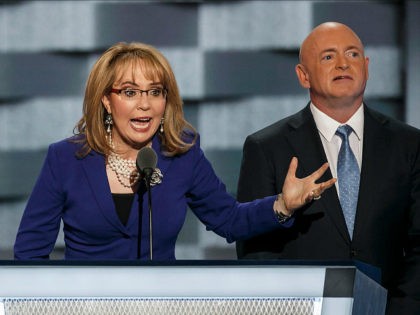PHILADELPHIA, PA. -- WEDNESDAY, JULY 27, 2016: Gabby Giffords & Mark Kelly speak at the 2016 Democratic National Convention, in Philadelphia, Pa., on July 27, 2016. (Photo by Marcus Yam/Los Angeles Times via Getty Images)