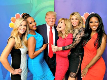NBCUNIVERSAL EVENTS -- NBCUniversal Press Tour, January 2015 -- "The Celebrity Apprentice" -- Pictured: (l-r) Kate Gosselin; Vivica A. Fox; Donald Trump, Executive Producer/Host; Leeza Gibbons; Brandi Glanville; Kenya Moore -- (Photo by: Paul Drinkwater/NBC/NBCU Photo Bank)