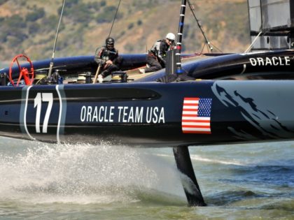 The Oracle team sails their AC-72 yacht in San Francisco Bay on April 17, 2013 in Californ