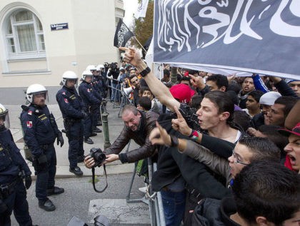 Demonstrators face the police during a protest infront of the US embassy on September 22, 2012 in Vienna. Protests against the film, which mocks Islam and was made by extremist Christians, have erupted across the world, leading to more than 50 deaths since the first demonstrations on September 11. AFP …