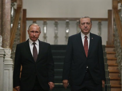 Turkey's President Recep Tayyip Erdogan, right, and Russian President Vladimir Putin arrive for their joint news conference following their meeting in Istanbul, Monday, Oct. 10, 2016. Putin and Erdogan voiced support for the construction of a gas pipeline from Russia to Turkey, called Turkish Stream, a project that was suspended …