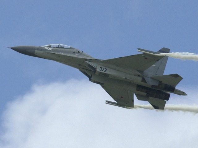 A picture taken 16 June 2001 of a Russian fighter Sukhoi 30 MK over Le Bourget Airport, ne