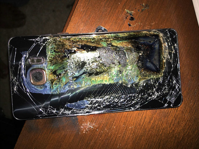 This Sunday, Oct. 9, 2016, photo shows a damaged Samsung Galaxy Note 7 on a table in Richm