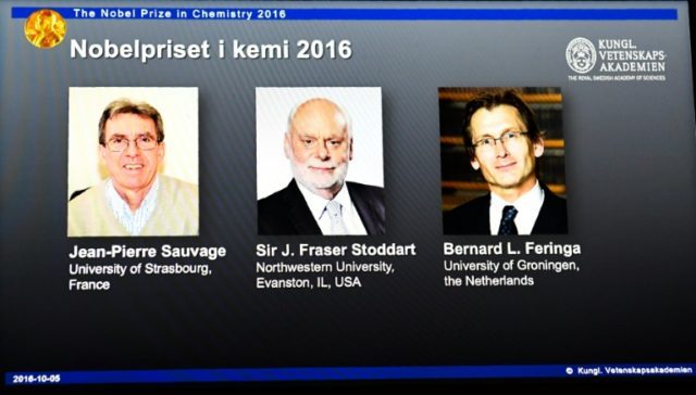 Winners of the 2016 Nobel Chemistry Prize (L-R) Jean-Pierre Sauvage, J Fraser Stoddart and
