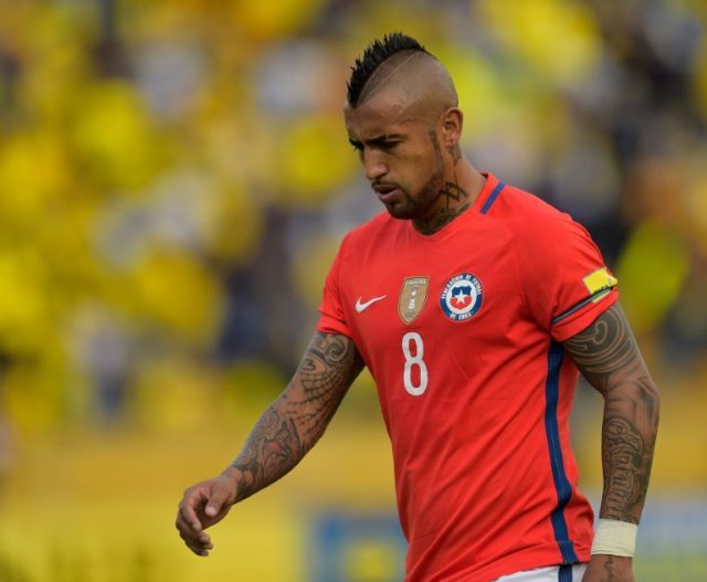 Chile's Arturo Vidal reacts at the Russia 2018 World Cup football qualifier match against