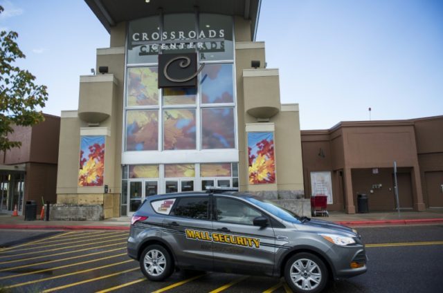 Security car patrols outside the Crossroads Center mall on September 19, 2016 in St Cloud,