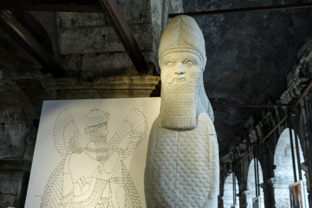 Full-scale reproductions of the winged human-headed bull from Nimrud in Iraq and half the