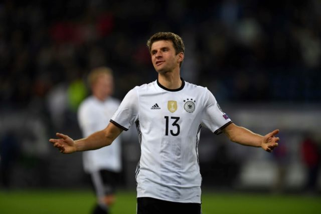 Germany's midfielder Thomas Mueller, seen during their 2018 World Cup qualifier match agai