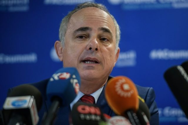 Israeli Energy Minister Yuval Steinitz speaks to reporters during the World Energy Congres