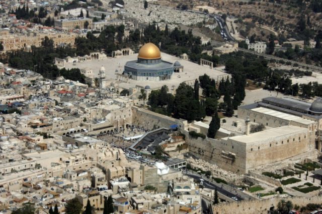 Aerial view of the Dome of the Rock (left) in the compound known to Muslims as al-Haram al-Sharif (Noble Sanctuary) and to Jews as Temple Mount, in Jerusalem's old city on October 02, 2007